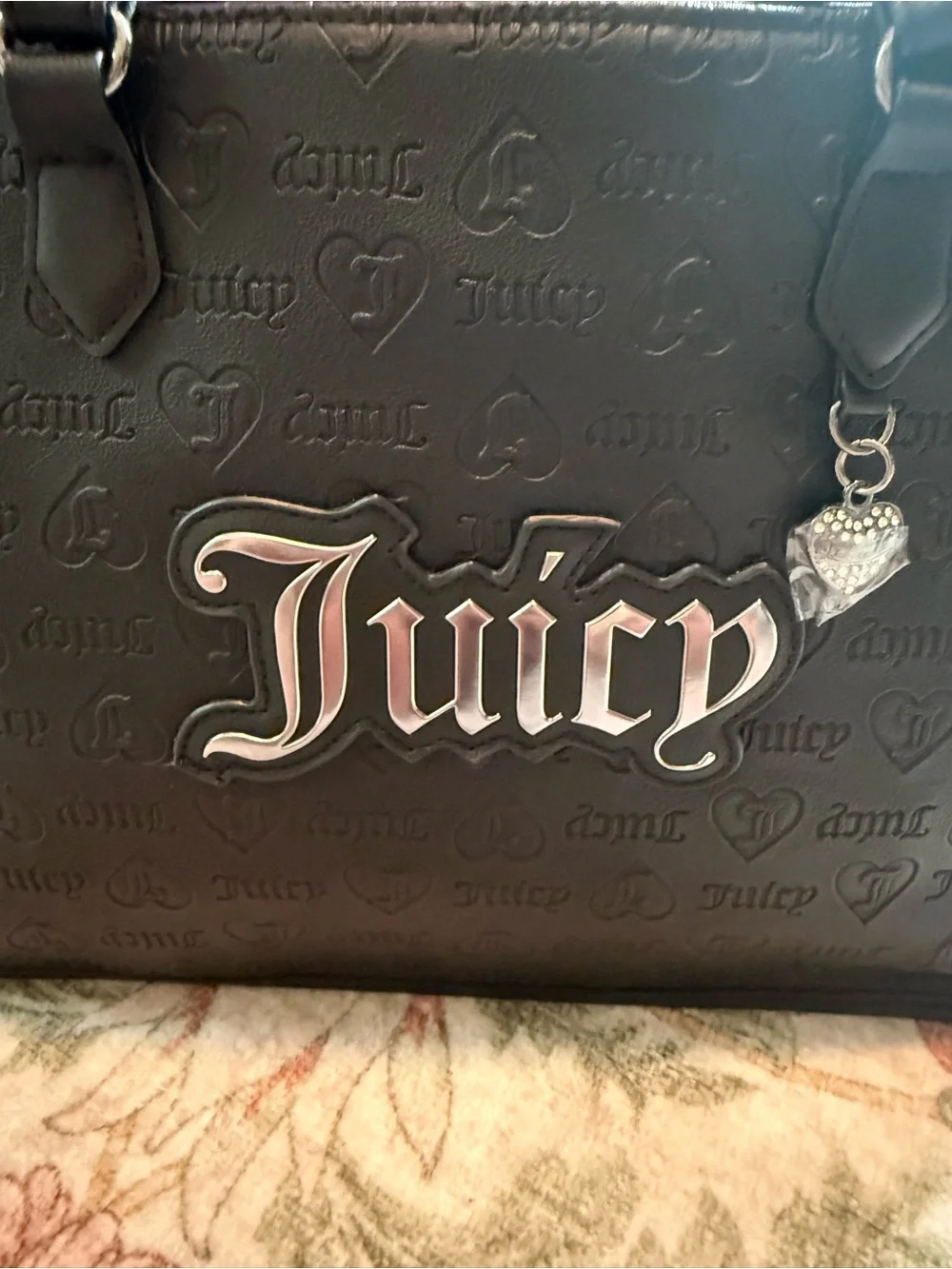 Juicy Couture Black Embossed Logo Tote with Heart Charm